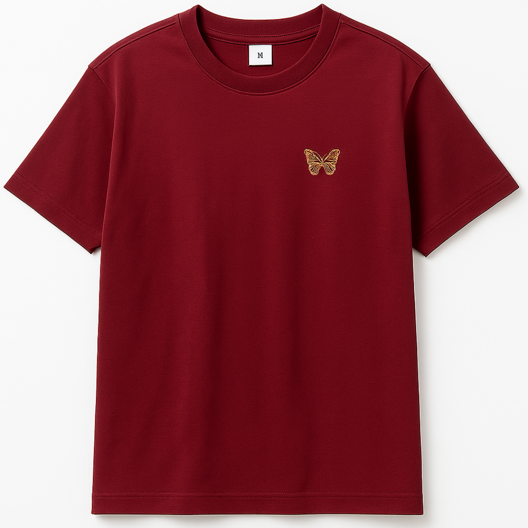 Drop Shoulder Maroon T shirt - Butterfly Emblem ( Embroidery )