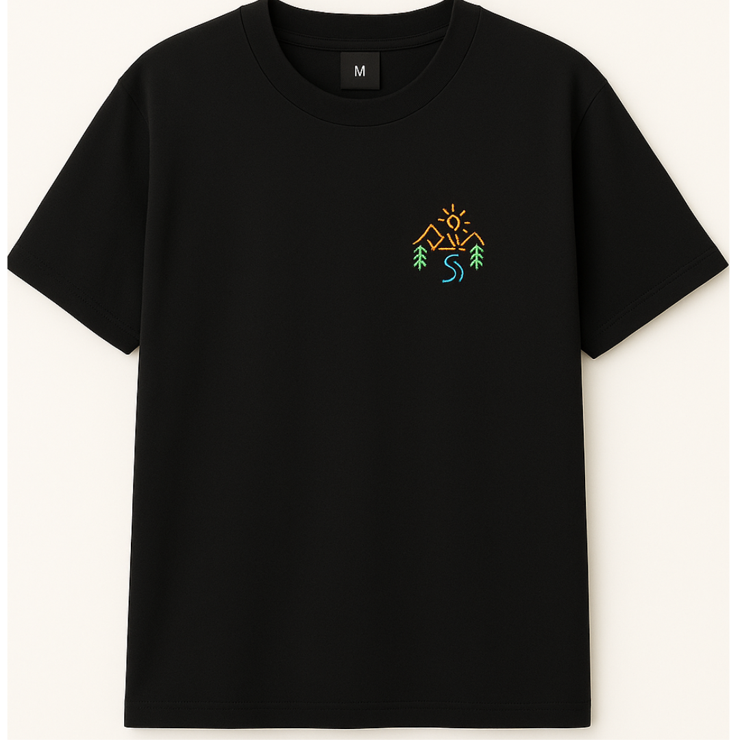 Drop Shoulder  Black T shirt - Mountain Glow ( Embroidery )