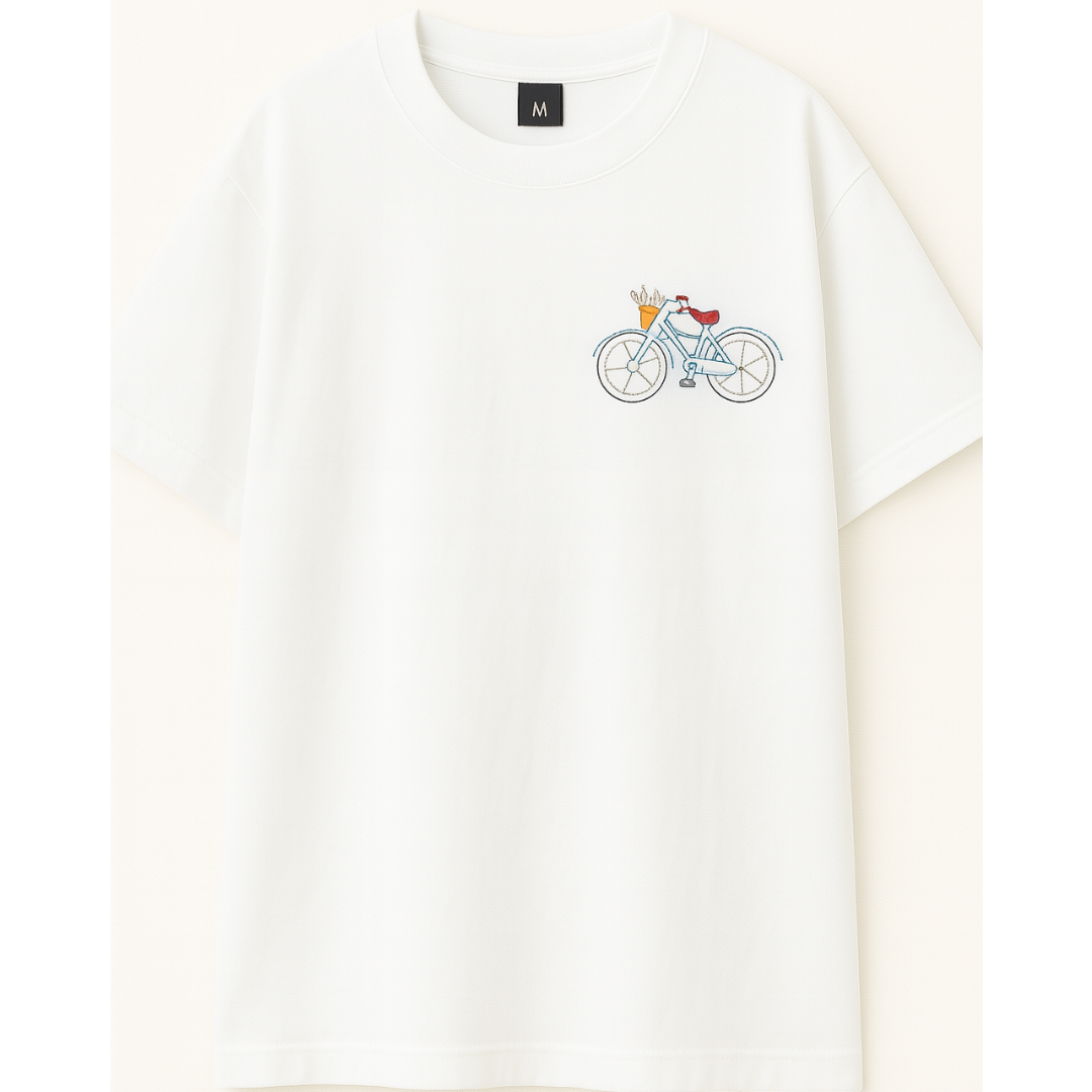 Drop Shoulder  White T shirt -Bloom Ride ( Embroidery )