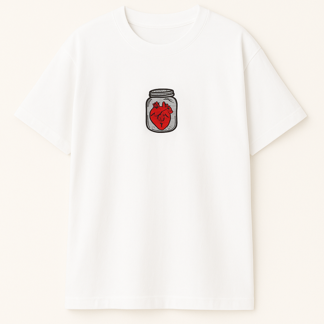 Drop Shoulder  White  T shirt - Anatomy of Love ( Embroidery )