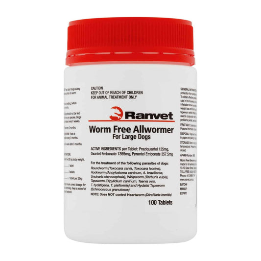 Ranvet Worm Free Large Dogs Allwormer Treatment White 25kg 100 Tablets